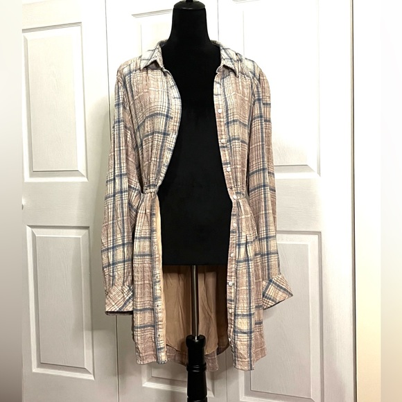 Free People Elai Plaid Check Open Back ShirtDress Ivory Combo size Large - Picture 8 of 15